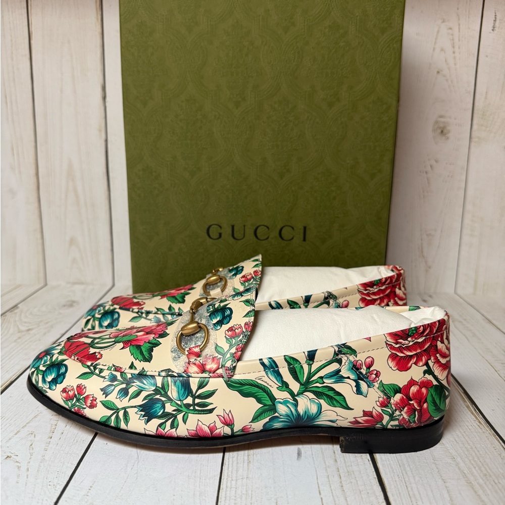 Gucci Floral Print Leather Horsebit Jordaan Loafer Multicolor Sz 37 / 7 - Picture 3 of 15